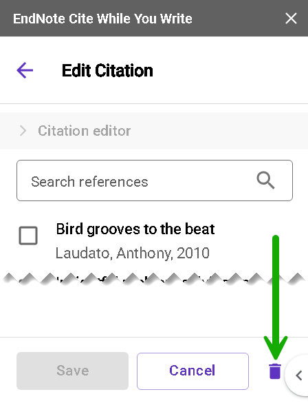 Image showing the Delete button for removing references from citations